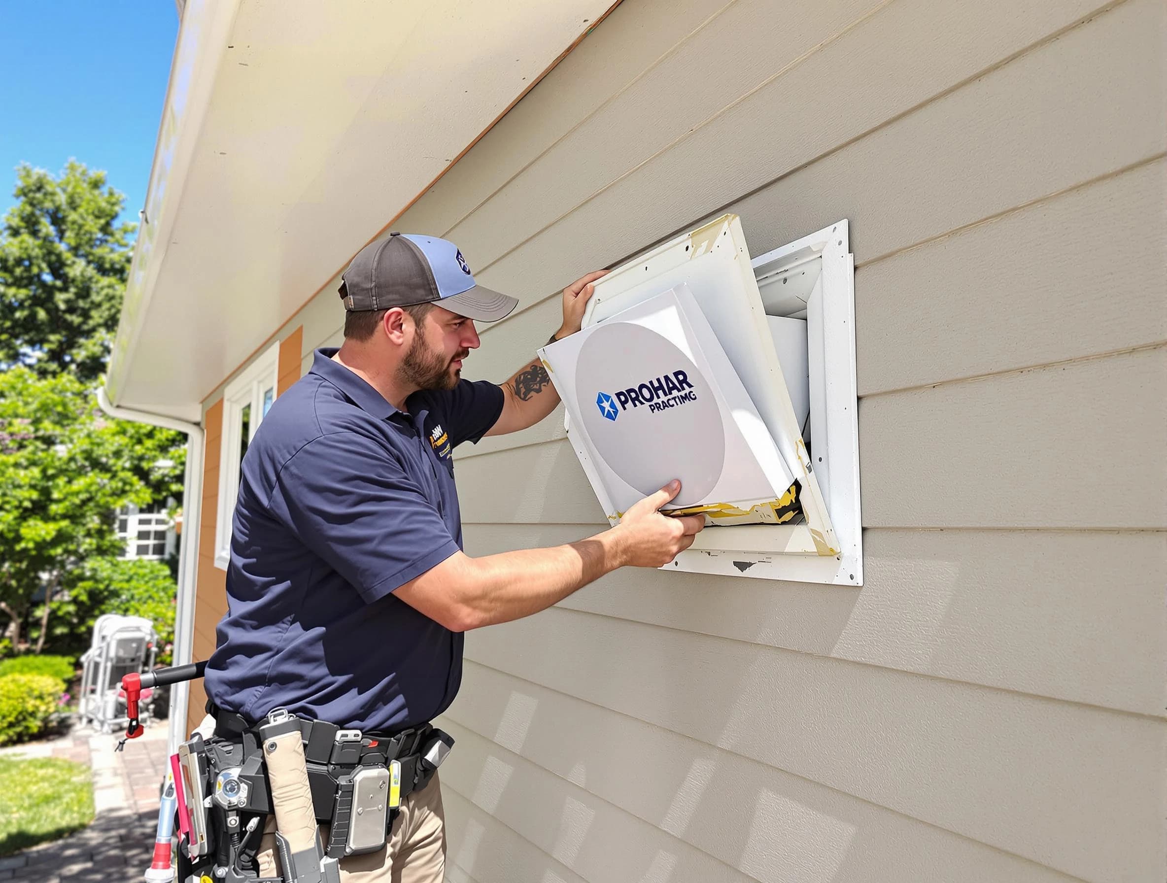 Pelham Dryer Vent Cleaning technician installing a new protective dryer vent cover on a home in Pelham
