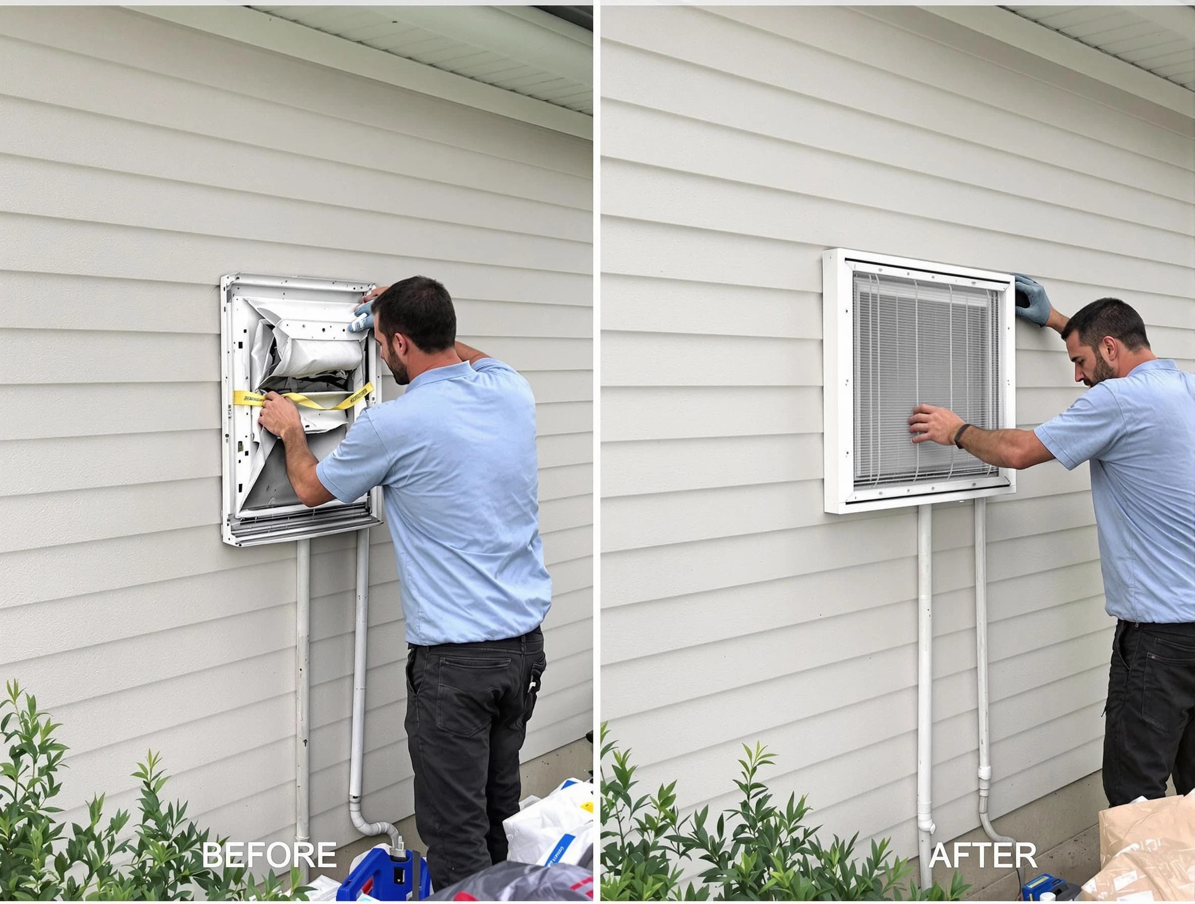 Pelham Dryer Vent Cleaning technician installing high-quality dryer vent cover at a residential property in Pelham