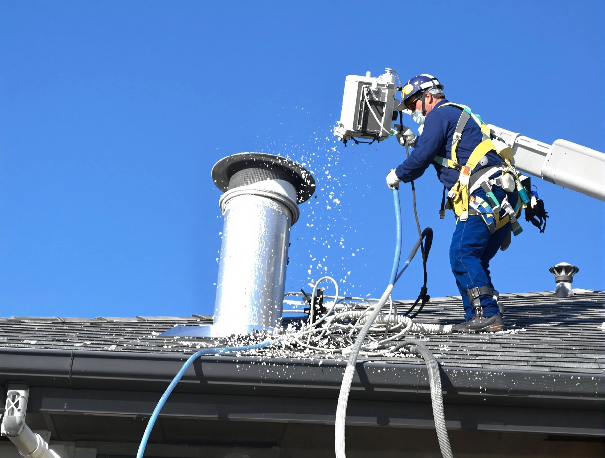 Pelham Dryer Vent Cleaning certified technician safely cleaning a roof-mounted dryer vent in Pelham
